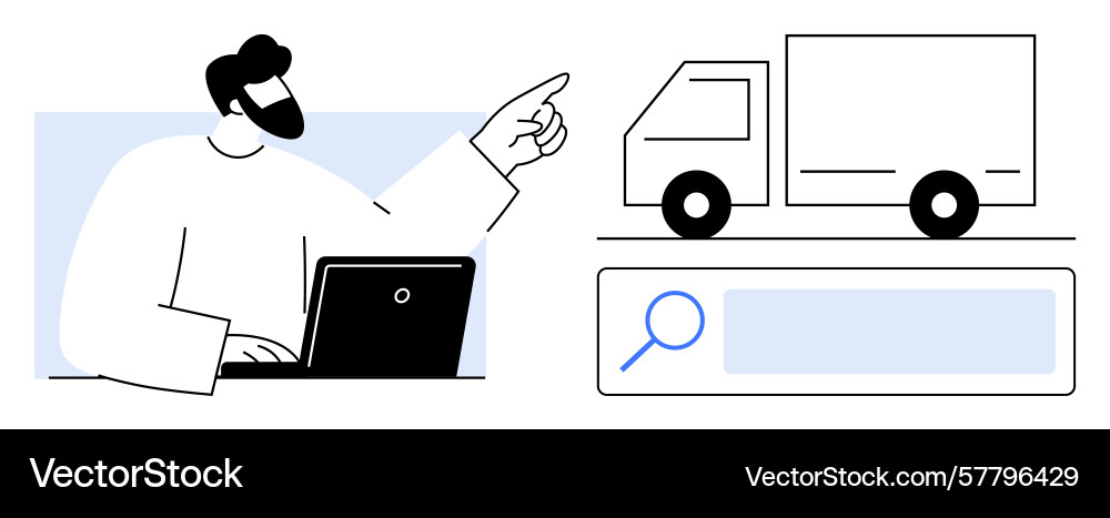 Man using laptop while pointing at a truck with a Man using laptop while pointing at a truck with a vector image
