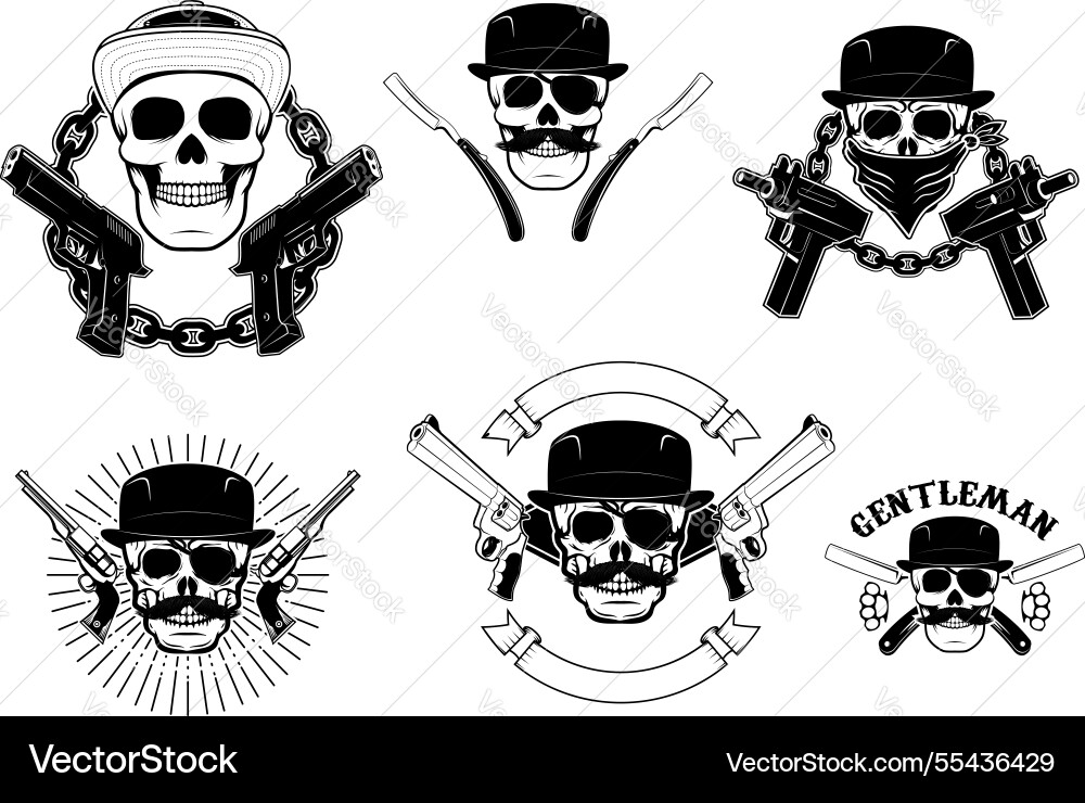 Set of gangsta skulls isolated on white Set of gangsta skulls isolated on white Vector Image