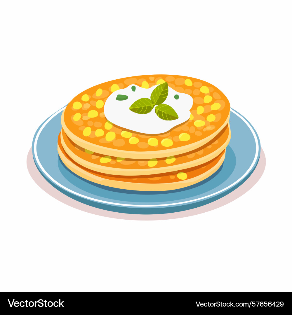 Stack of corn pancakes with sour cream and basil Stack of corn pancakes with sour cream and basil Vector Image
