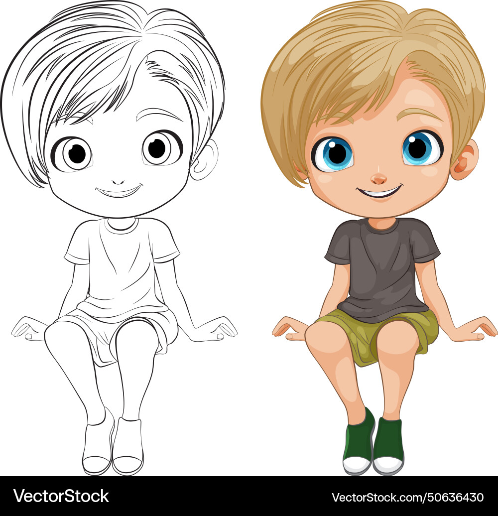 Black and white colored cartoon boy sitting Vector Image