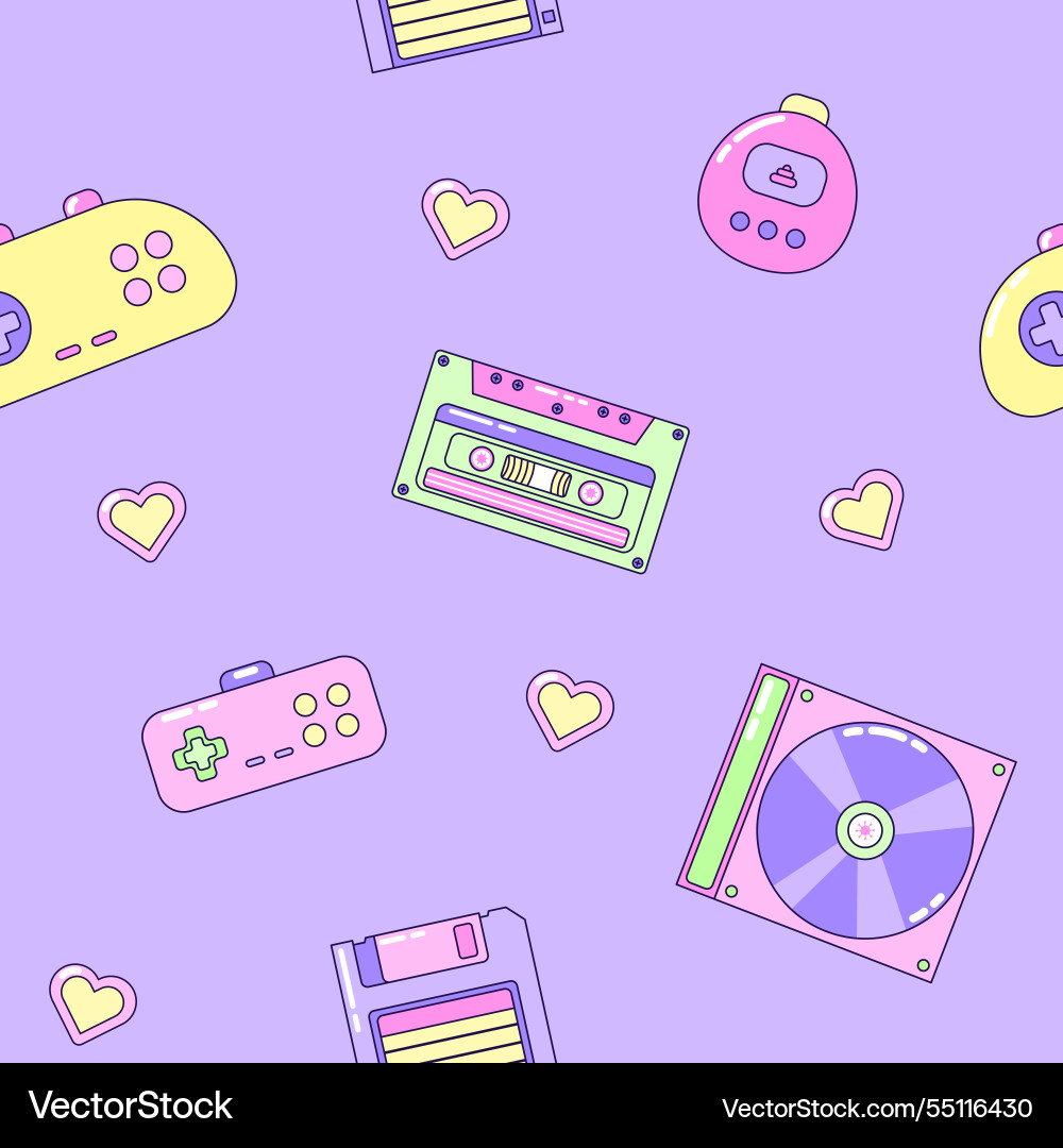 Seamless pattern with audio cassette and gamepad Seamless pattern with audio cassette and gamepad vector image