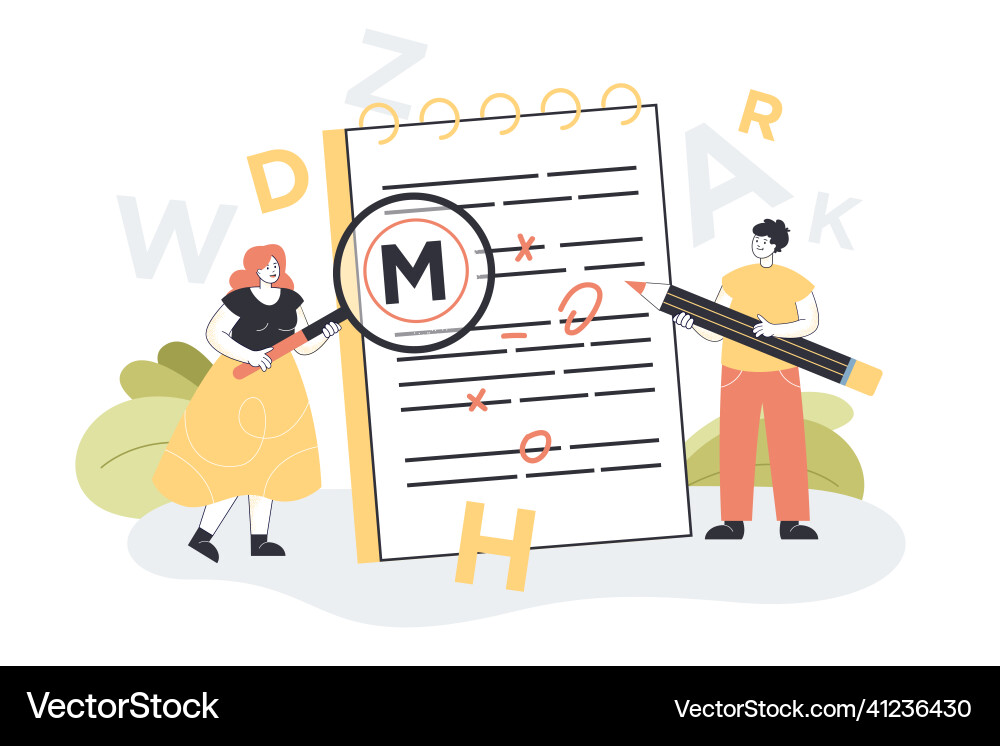 Tiny woman showing grammar and punctuation errors Tiny woman showing grammar and punctuation errors Vector Image