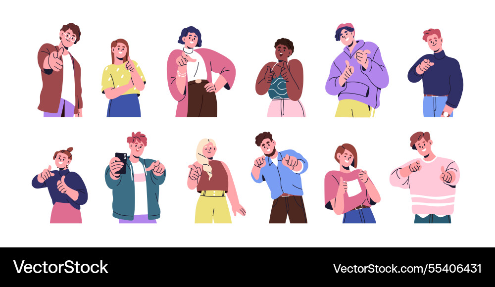 Happy characters pointing at you with inviting Happy characters pointing at you with inviting Vector Image