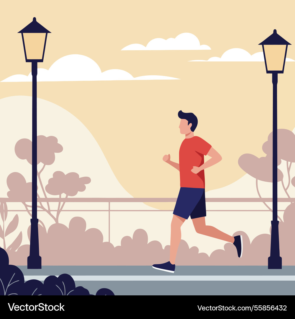 Man running in the park on path with lampposts vector image