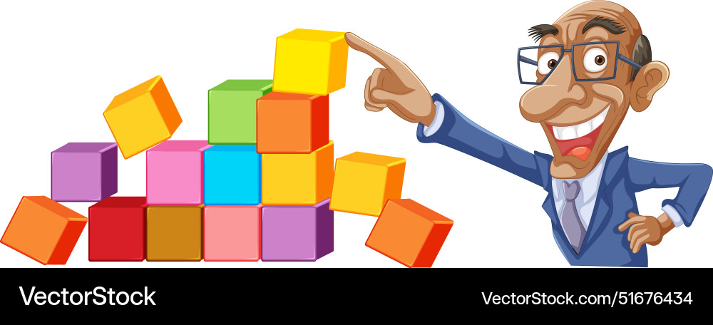 Smiling man pointing at stacked colorful blocks Smiling man pointing at stacked colorful blocks vector image
