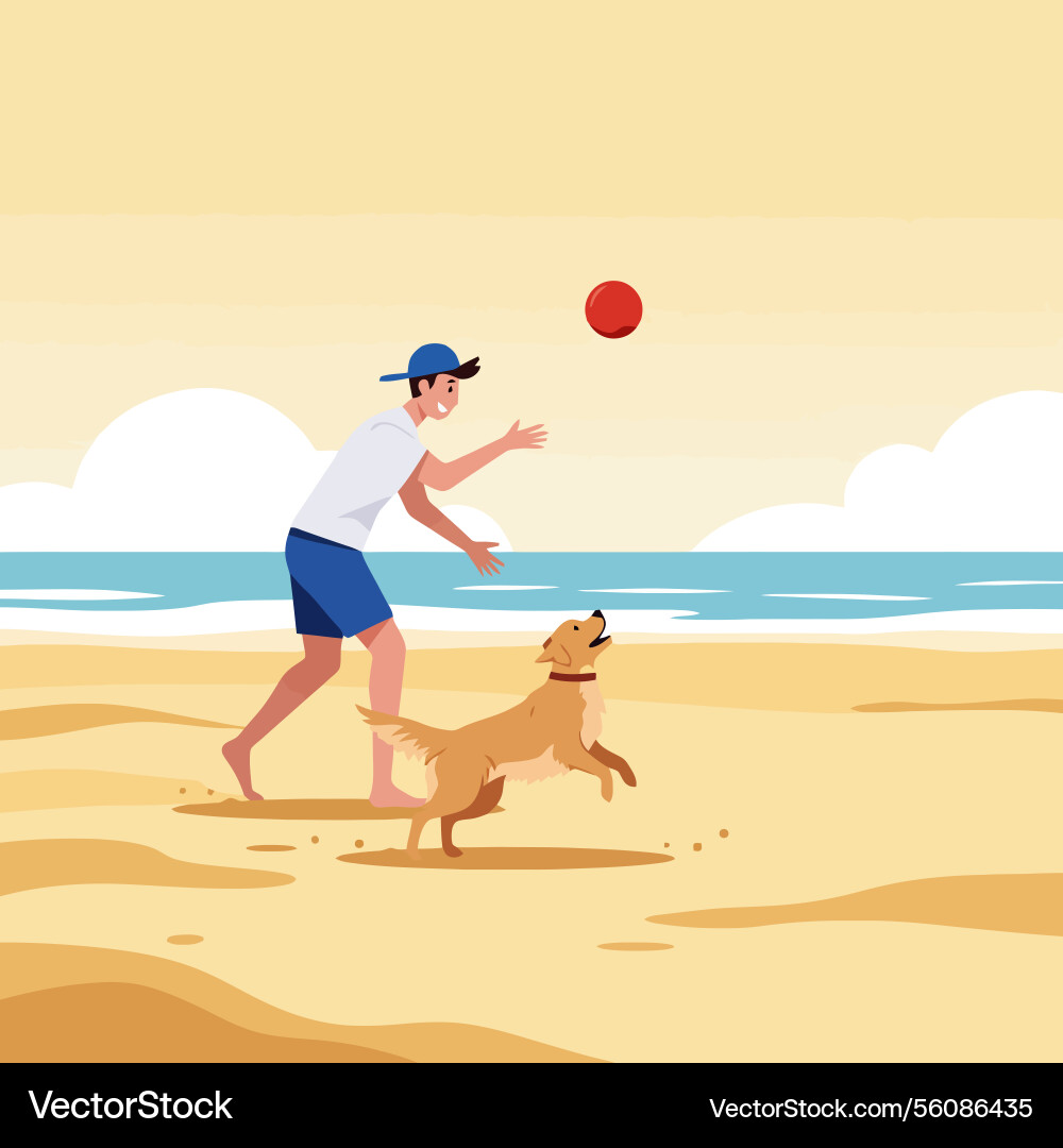 Man playing fetch with dog on the beach Man playing fetch with dog on the beach Vector Image