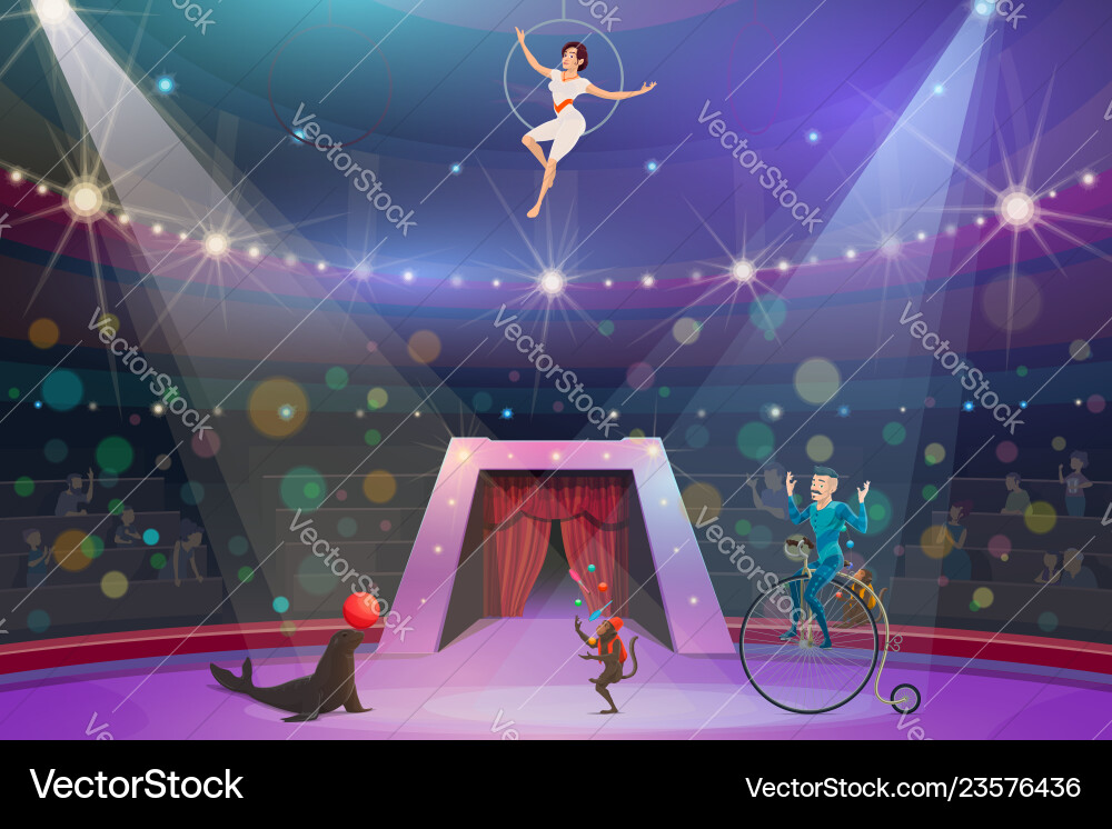 Circus show animals and performers on arena Circus show animals and performers on arena vector image