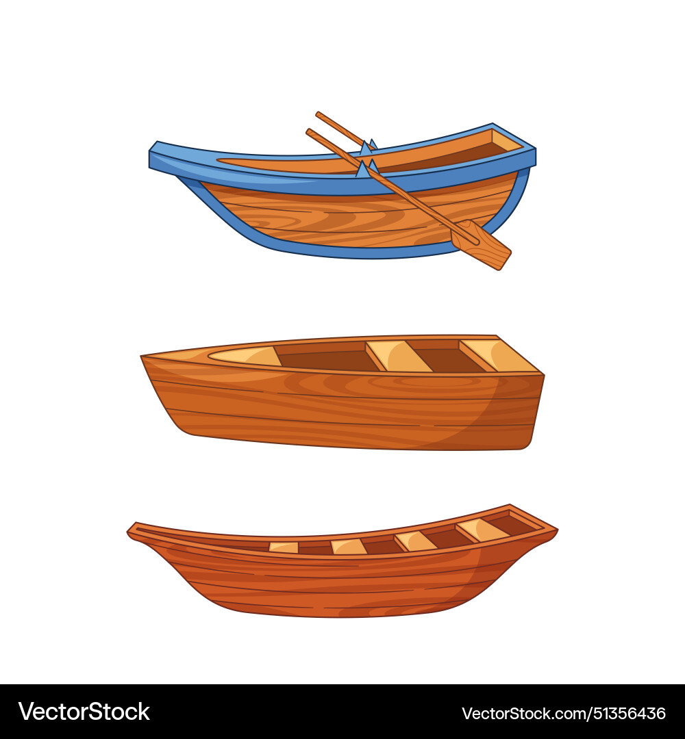 Three wooden boats side view showcase unique Three wooden boats side view showcase unique vector image