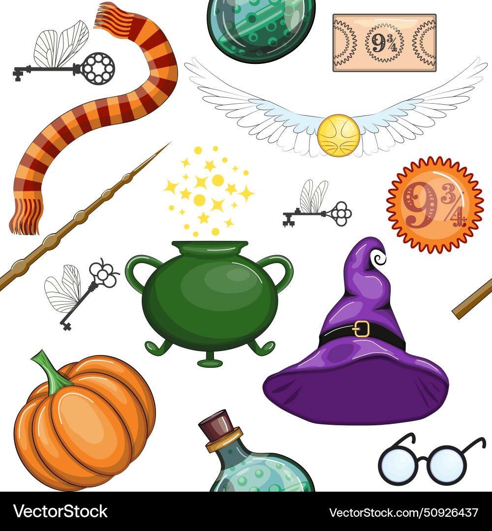 Magic items seamless pattern in flat style school Magic items seamless pattern in flat style school vector image