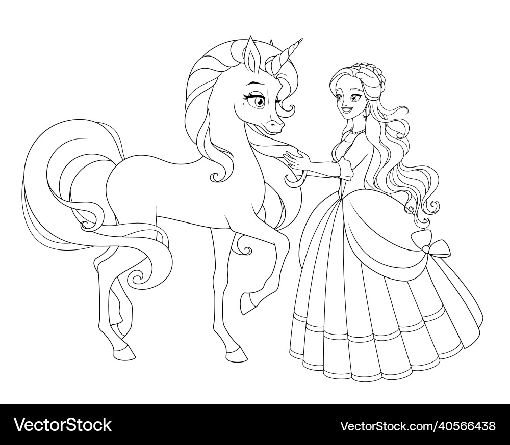 Beautiful princess with unicorn coloring Beautiful princess with unicorn coloring vector image