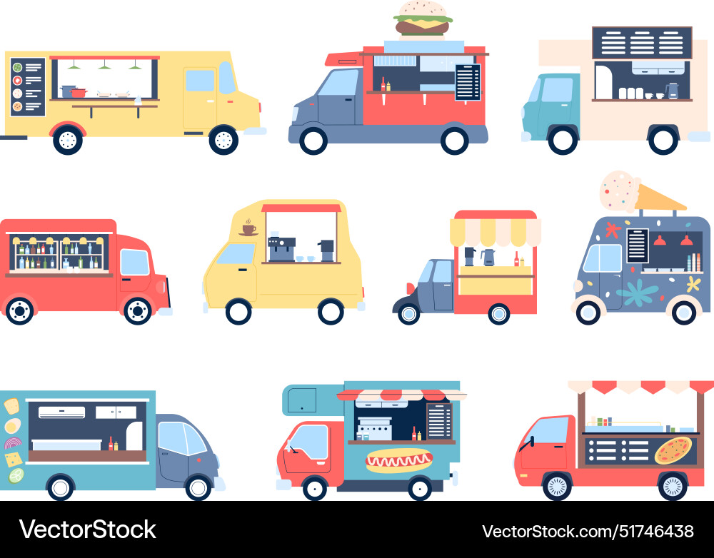 Food trucks burger pizza ice cream coffee and hot Food trucks burger pizza ice cream coffee and hot vector image