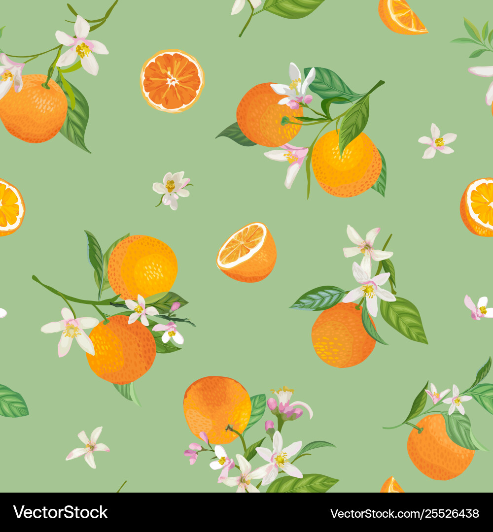 Seamless orange pattern with tropic fruits leaves Seamless orange pattern with tropic fruits leaves vector image