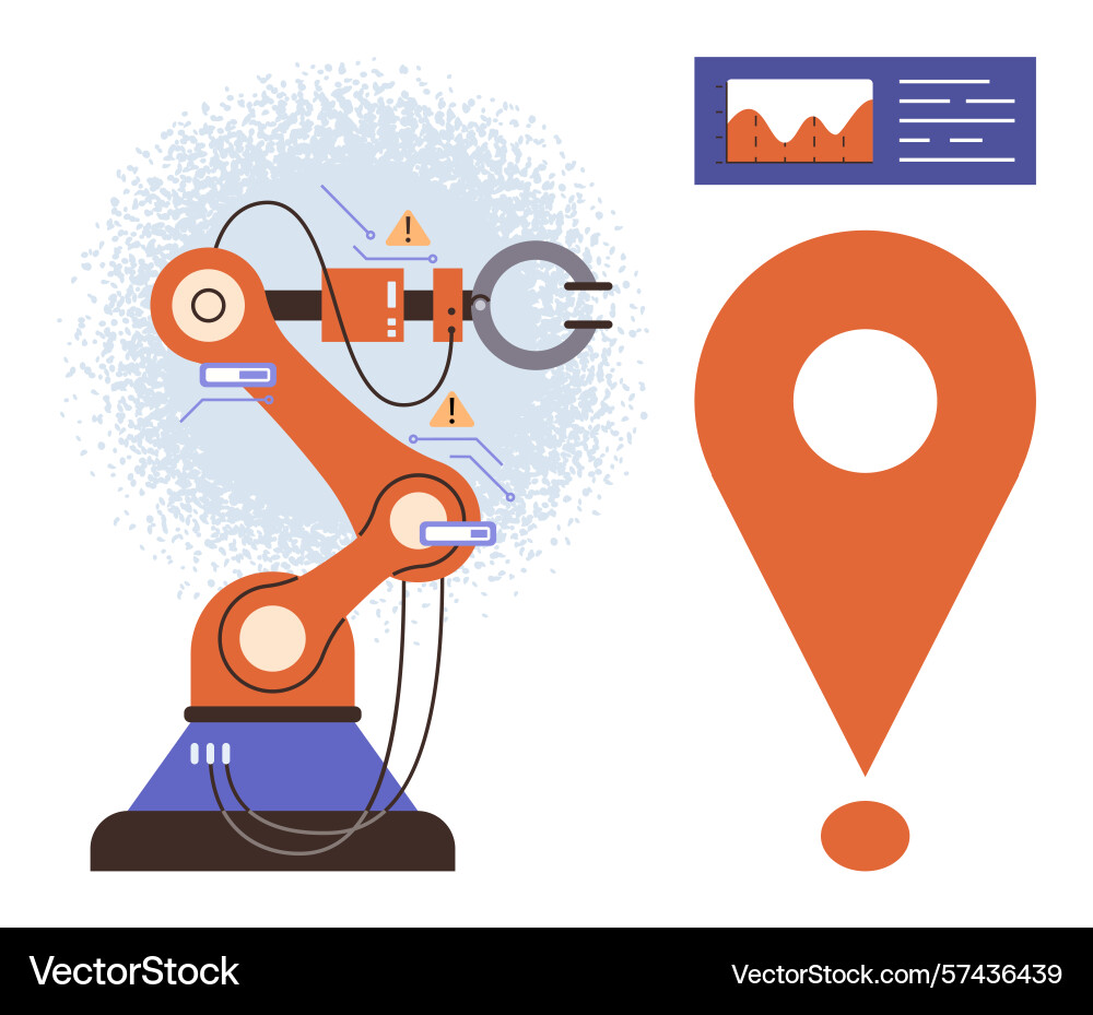 Automated robotic arm with alert icons and data Automated robotic arm with alert icons and data vector image