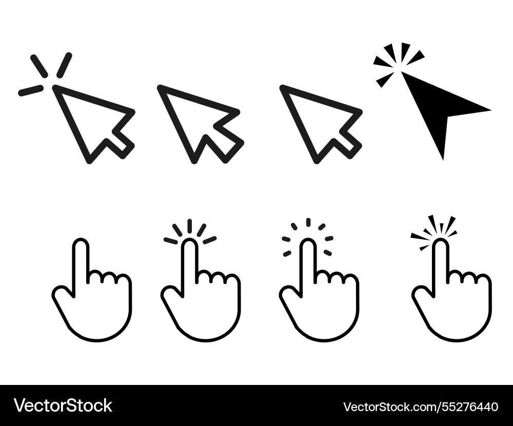 Cursor icons set mouse pointer symbols hand click Cursor icons set mouse pointer symbols hand click vector image