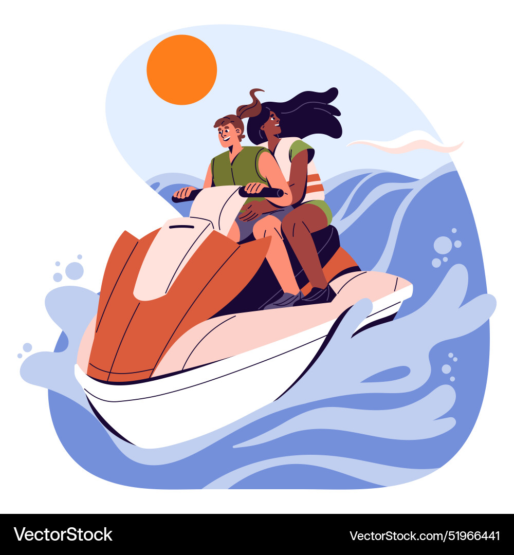 Lesbian couple ride jet ski water scooter Lesbian couple ride jet ski water scooter vector image