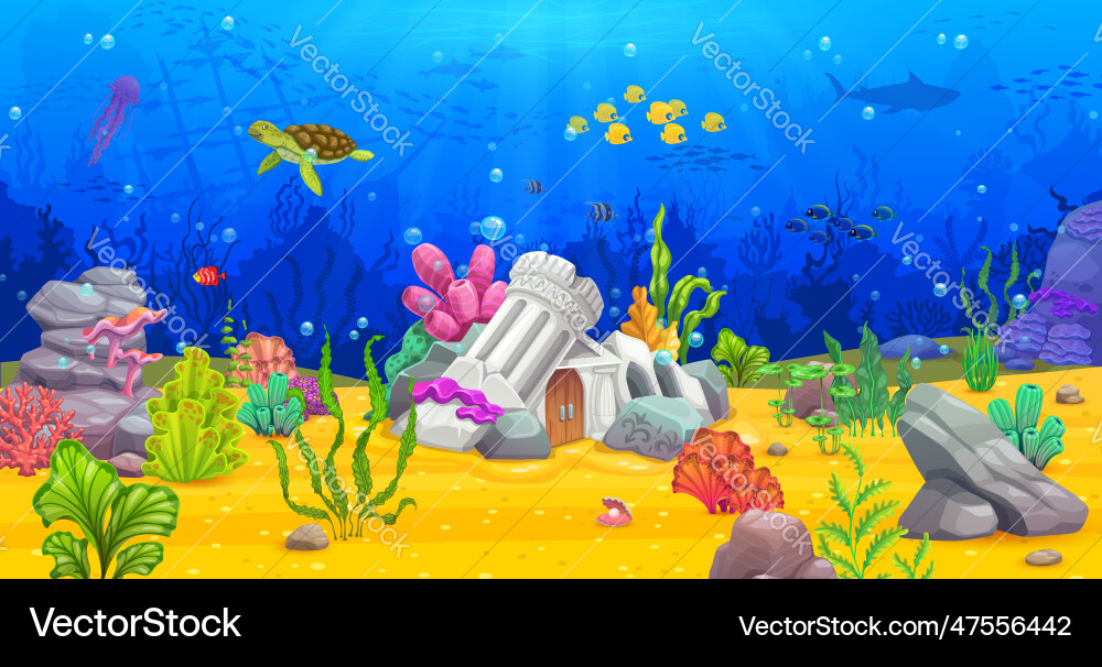 Game level cartoon underwater landscape with ruins Game level cartoon underwater landscape with ruins vector image