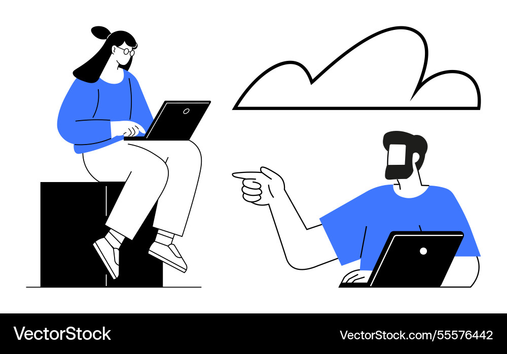 Remote collaboration and cloud computing with two Remote collaboration and cloud computing with two Vector Image