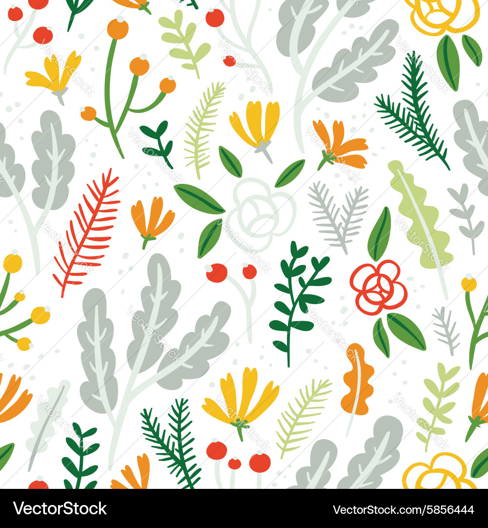 Floral Leaves & Berries Pattern Vector Image