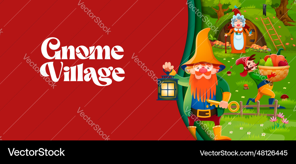 Papier geschnittenes Banner mit Cartoon-Gnomen im Dorf Papier geschnittenes Banner mit Cartoon-Gnomen im Dorf vektorbild