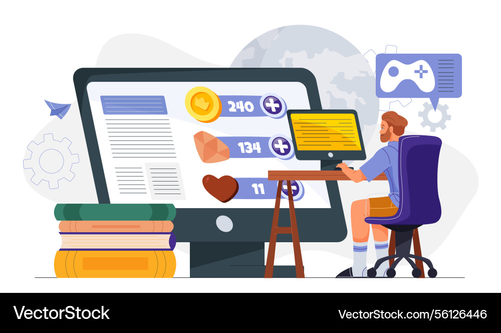 Gamer learning at computer desk setup Gamer learning at computer desk setup vector image