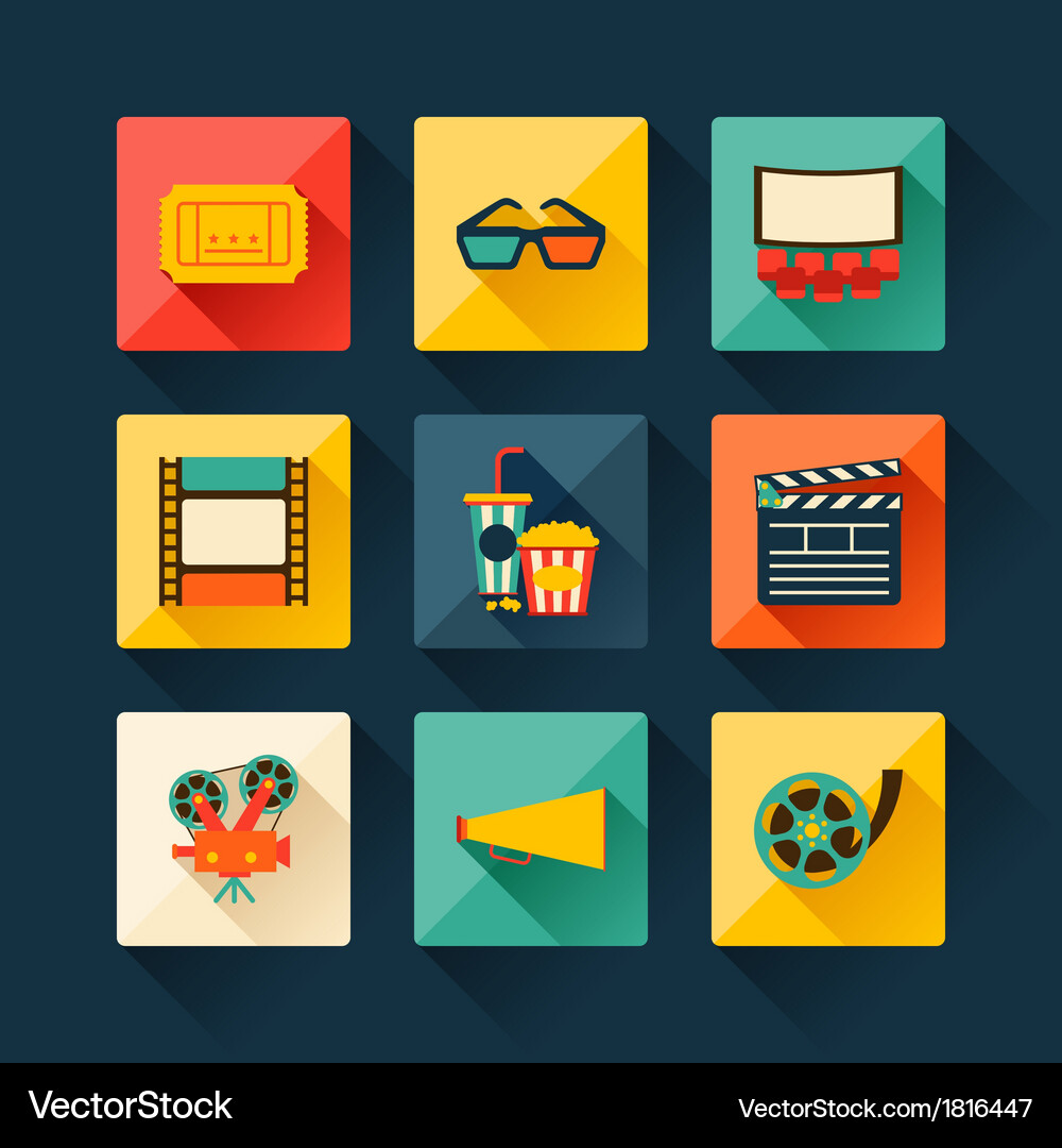 Flat Movie Icons & Cinema Elements Vector Image