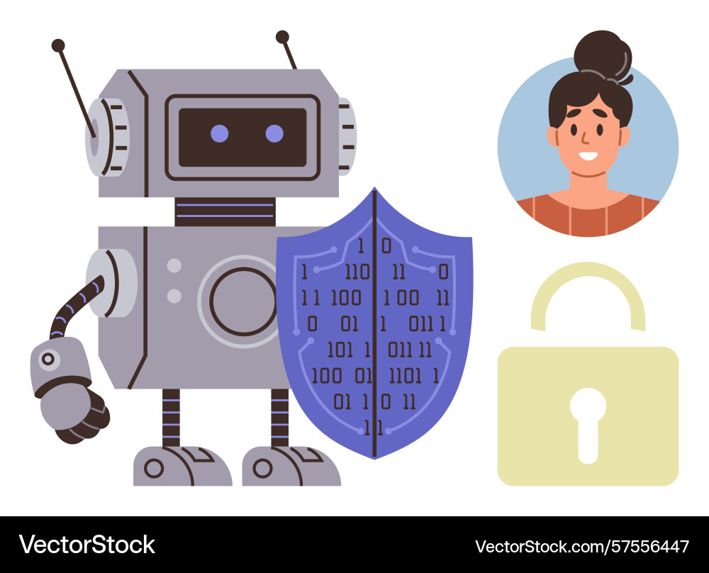 Robot with binary shield user profile and lock Robot with binary shield user profile and lock vector image