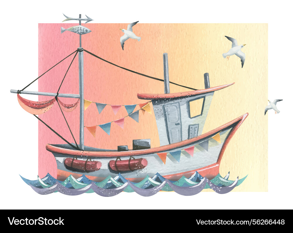 Fishing boat with garlands of flags on the waves Fishing boat with garlands of flags on the waves Vector Image