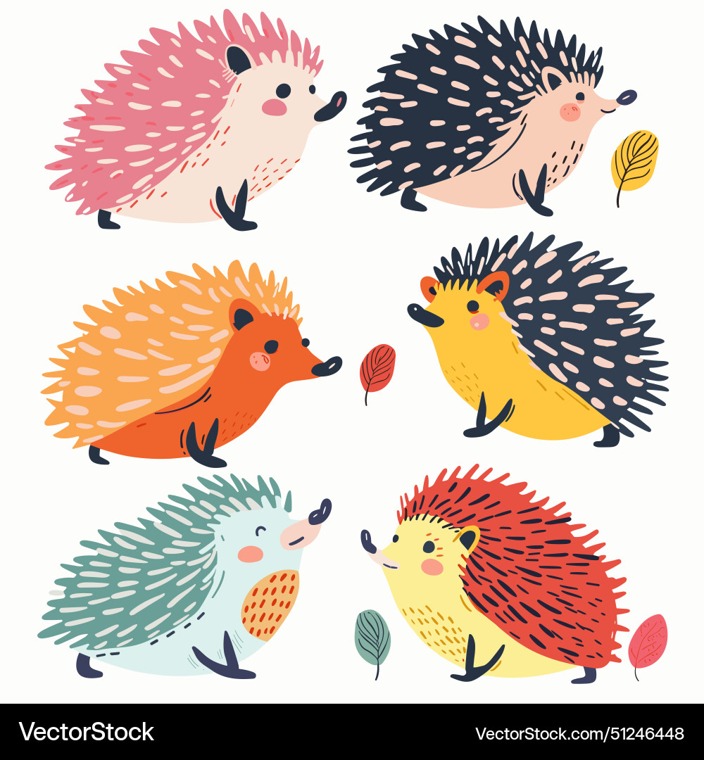 Six cute cartoon hedgehogs different colors autumn