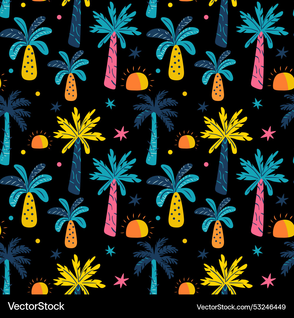 Tropical pattern with palm trees and suns Vector Image
