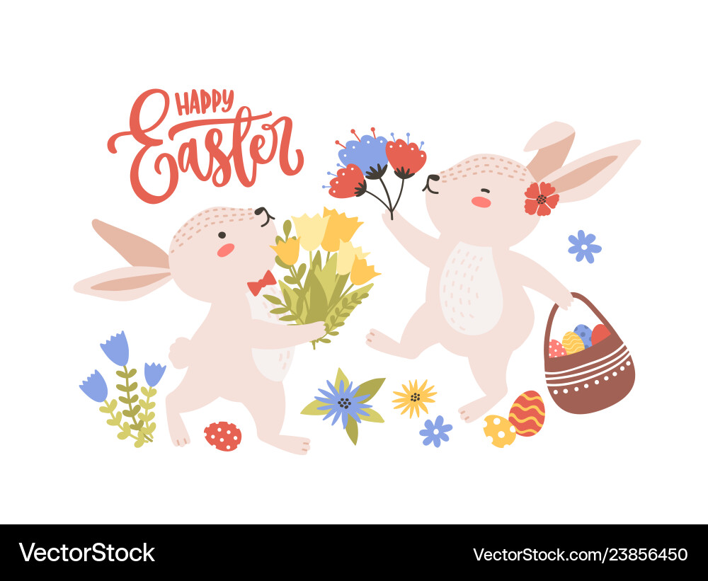 Easter greeting card template with pair of cute Easter greeting card template with pair of cute vector image