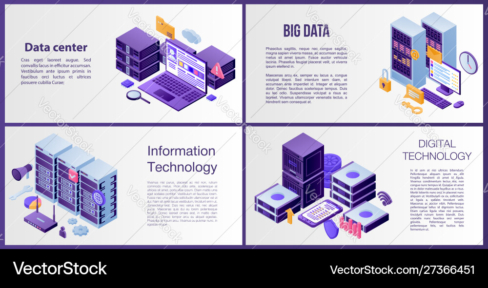Data center server banner set isometric style Data center server banner set isometric style vector image