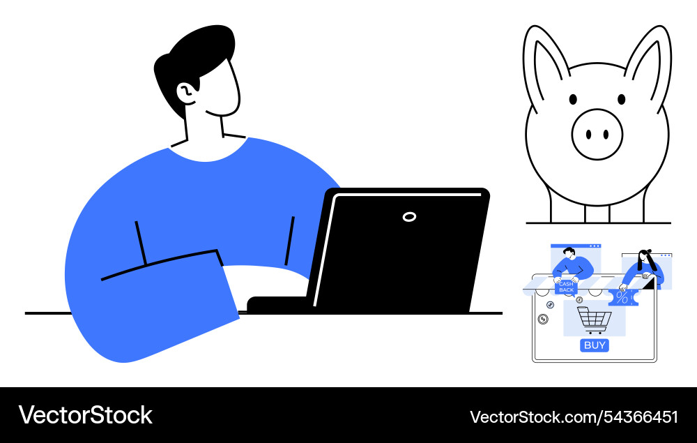 Man using laptop with piggy bank symbolizing Vector Image