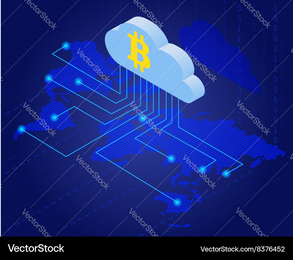 Bitcoin in cloud mining isometric flat Royalty Free Vector