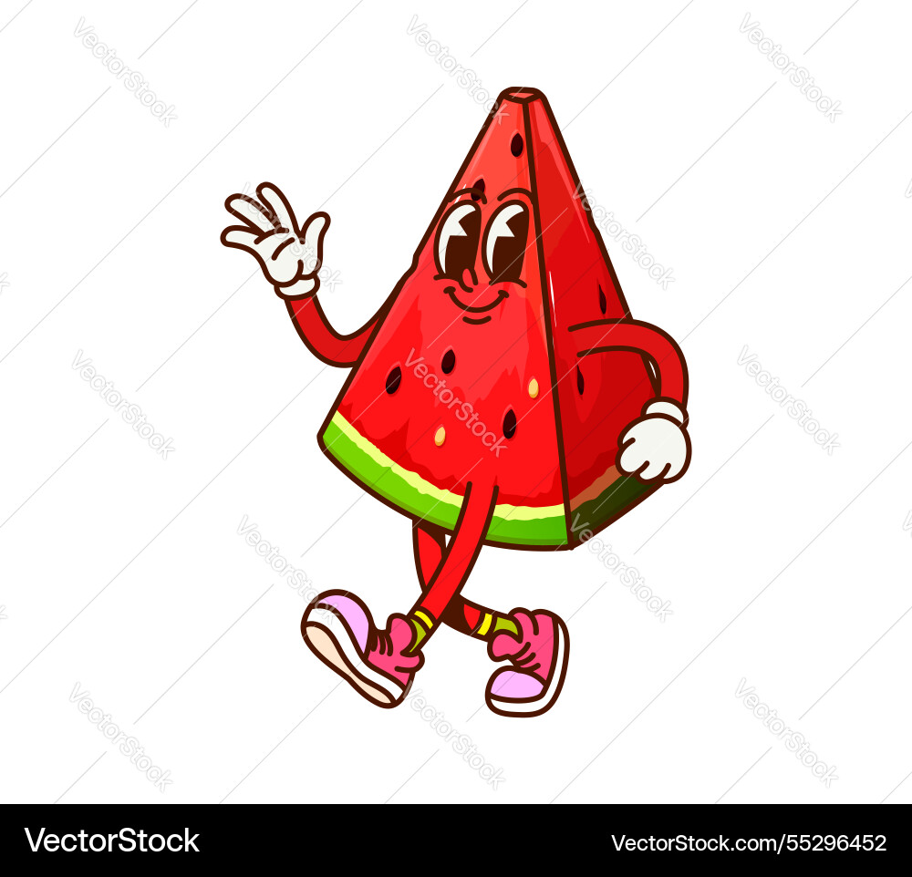 Groovy watermelon piece walking happy character Groovy watermelon piece walking happy character vector image