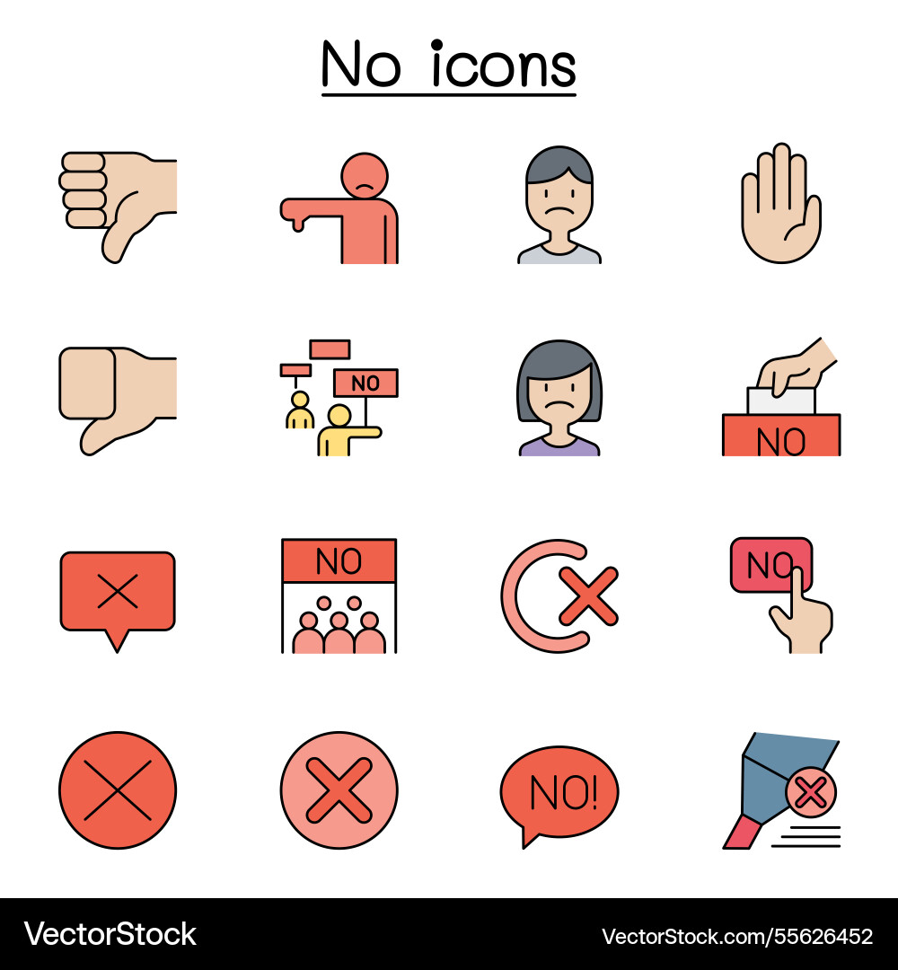 No disapprove and reject icon set in color line No disapprove and reject icon set in color line vector image