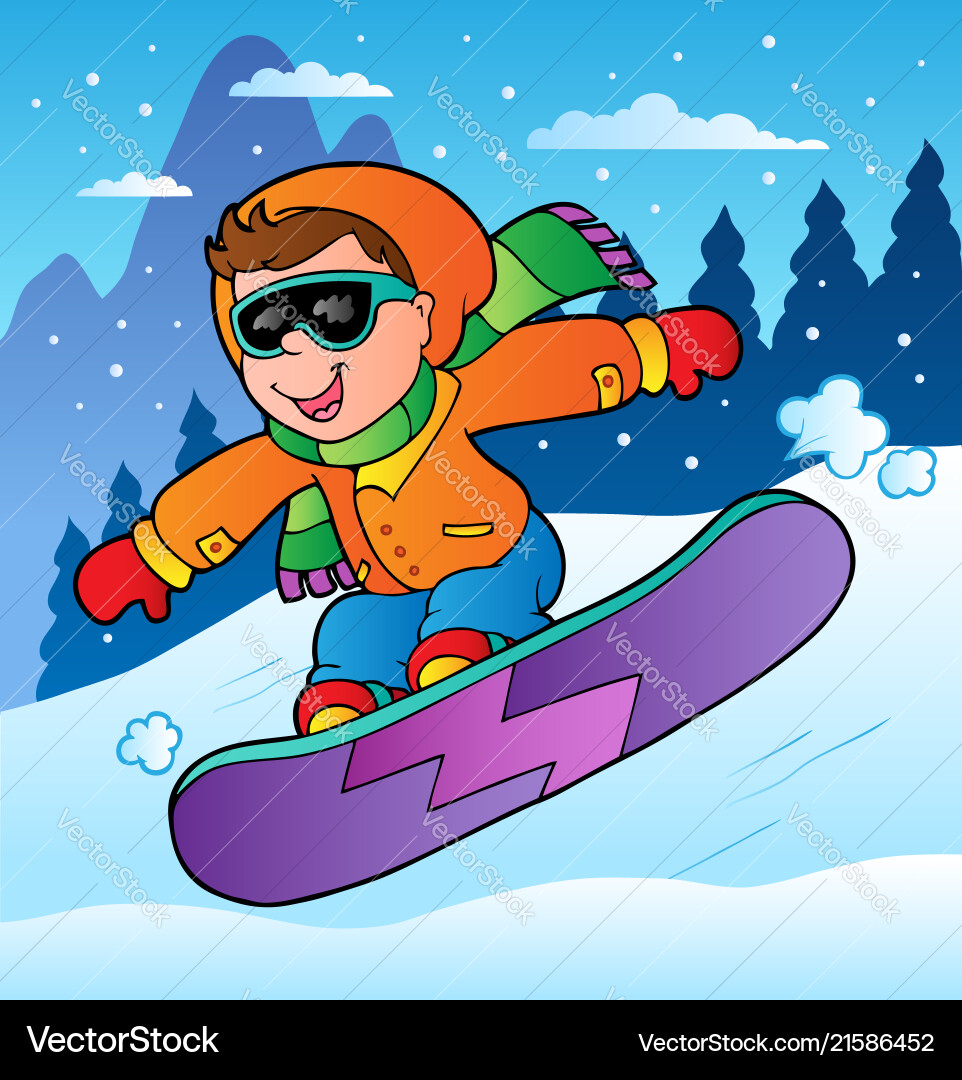 Winter scene with boy on snowboard Winter scene with boy on snowboard vector image
