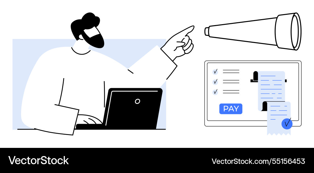 Man using laptop for online payment and pointing Man using laptop for online payment and pointing vector image