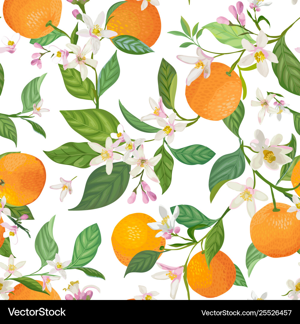 Seamless orange pattern with tropic fruits leaves Seamless orange pattern with tropic fruits leaves vector image