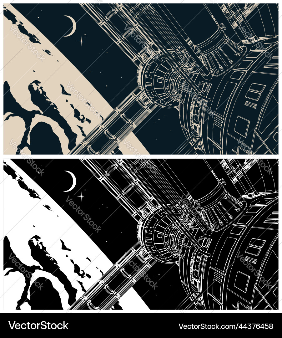 Stylized Spaceship Orbiting Planet vector image