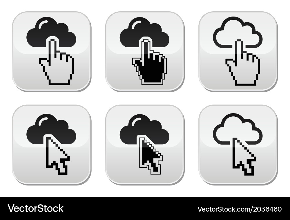 Cloud with cursor hand and arrow buttons set vector image