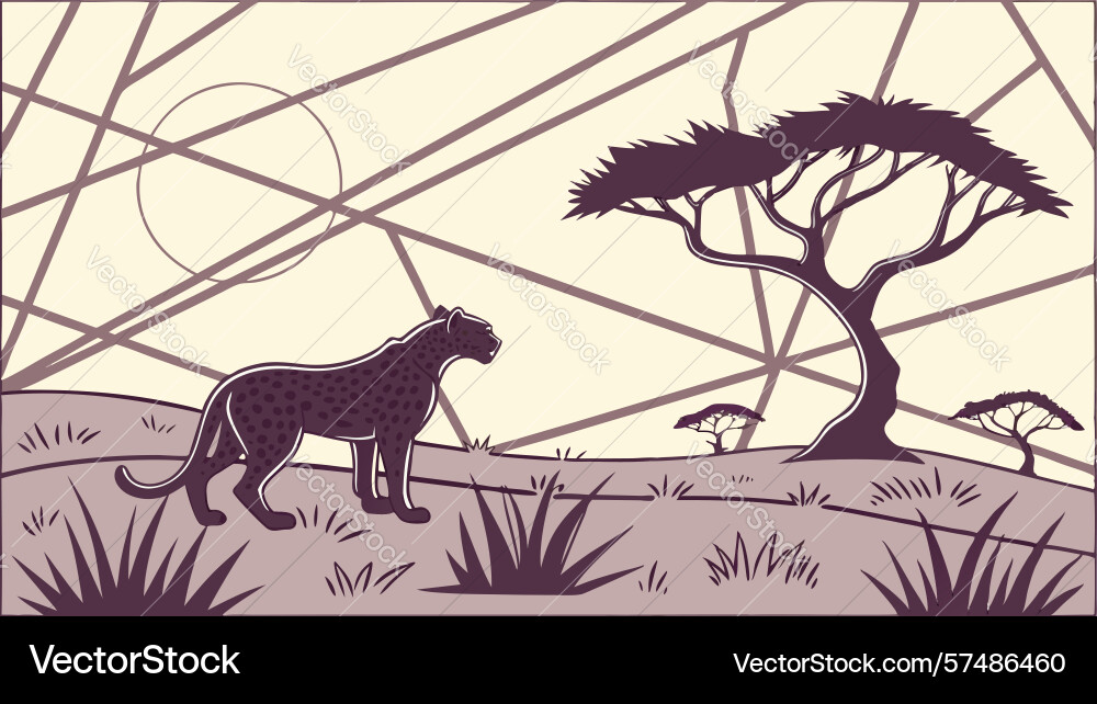 Leopard under tree in savanna with grid abstract Vector Image