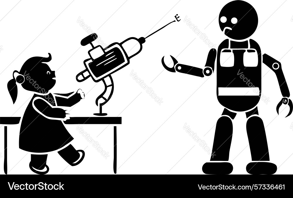 Child interacts with friendly robot design Vector Image
