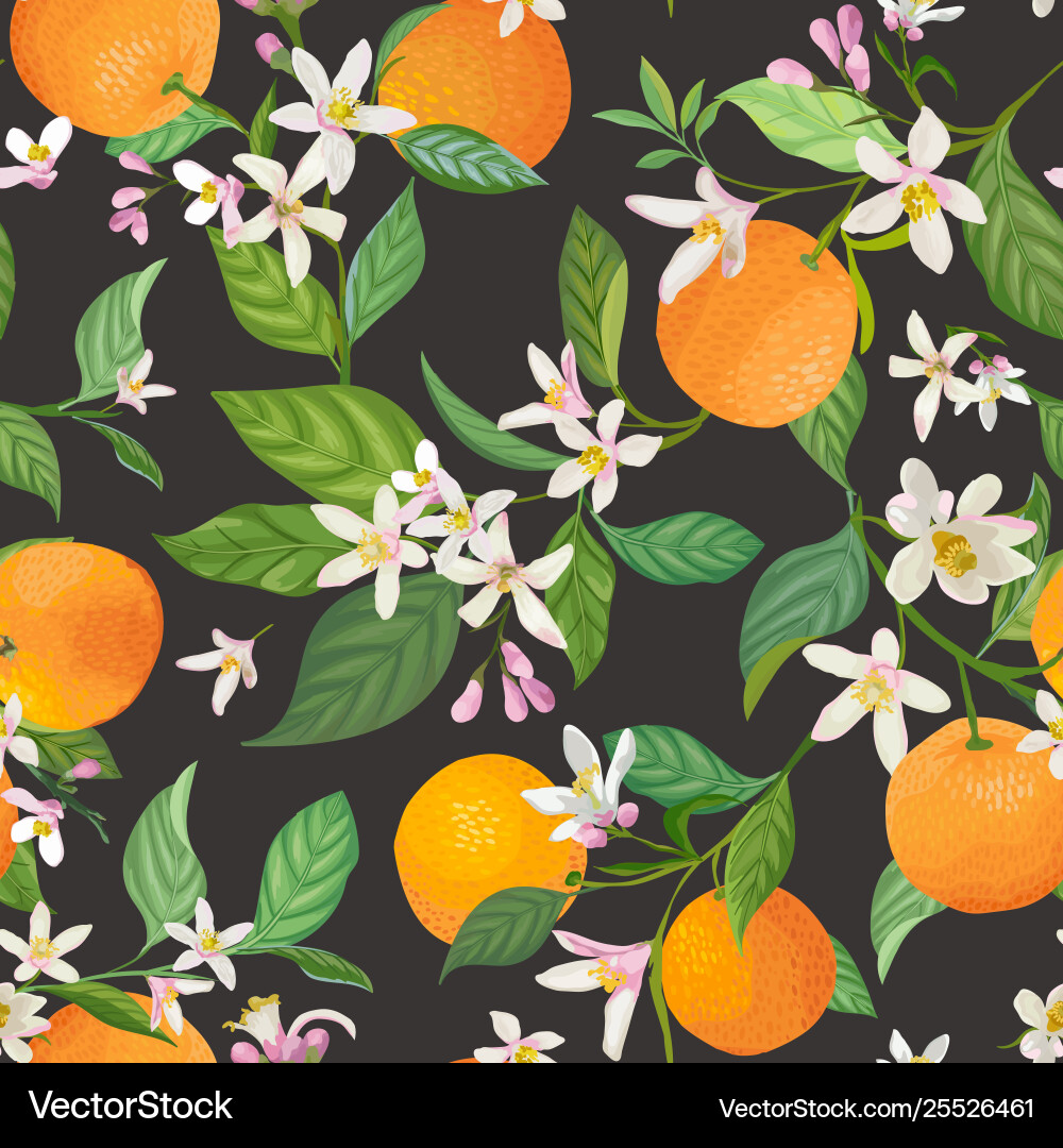 Seamless orange pattern with tropic fruits leaves Seamless orange pattern with tropic fruits leaves vector image