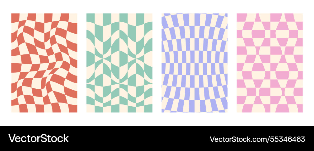 Groovy distorted checkered background set hand Groovy distorted checkered background set hand vector image