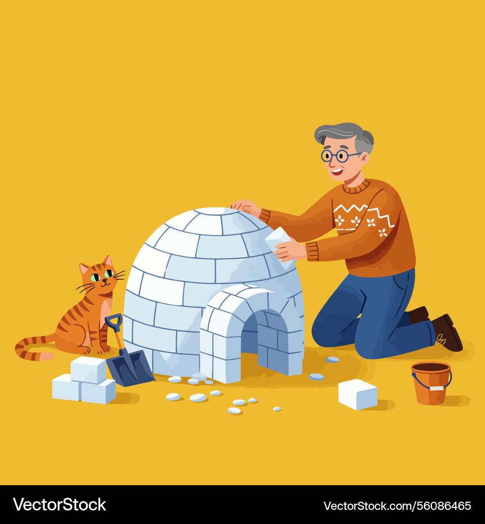 Building an igloo with a cat Building an igloo with a cat Vector Image