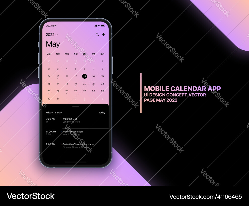 Mobile calendar app ui concept on realistic Mobile calendar app ui concept on realistic vector image