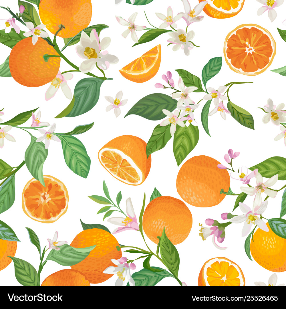 Seamless orange pattern with tropic fruits leaves Seamless orange pattern with tropic fruits leaves vector image