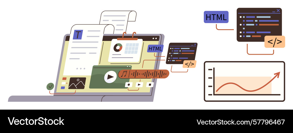 Laptop with web development tools coding windows Laptop with web development tools coding windows vector image