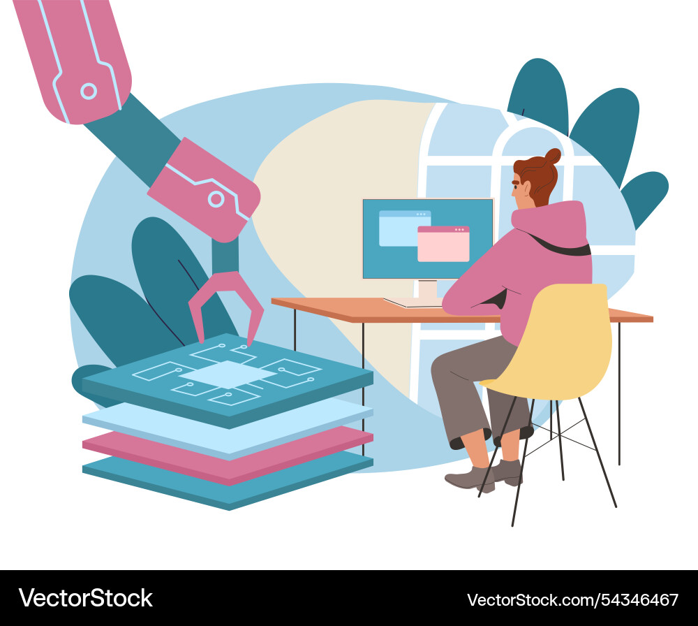 Man creating chip young guy with computer near Vector Image