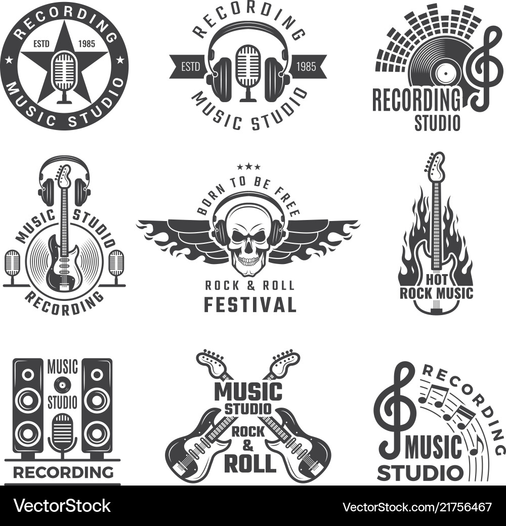 Music labels microphone big speaker drums Music labels microphone big speaker drums vector image